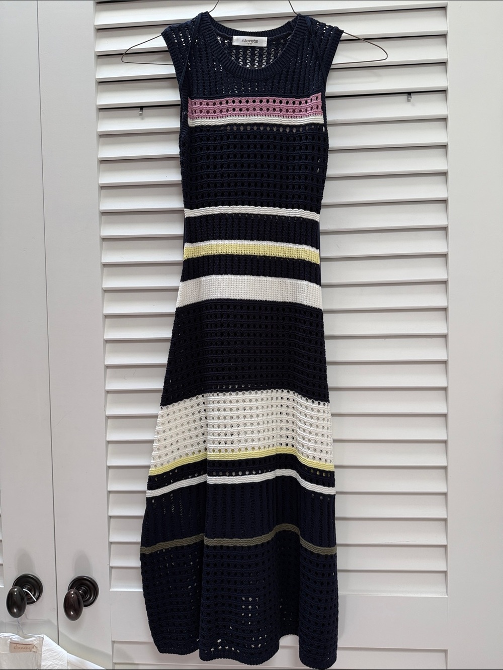 STORETS Navy Crochet Maxi Dress with White, Pink & Yellow Stripes size s/m